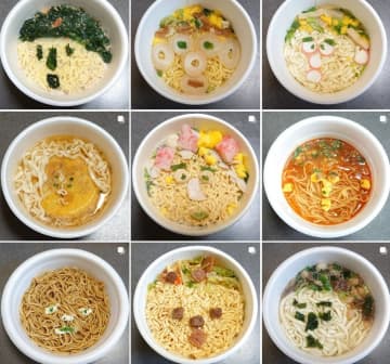 限られた具材で有名人を”似顔麺”する「カップ麺アート」。左上は「飛び出し坊や風バナナマン日村勇紀」。…言われれば！（写真／@inuyama_komameより）