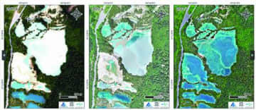 世界遺産・九寨溝の震災後の動的変化のリモートセンシングモニタリングの成果が発表された。写真は17、20、22年の火花海水域のドローンリモートセンシング画像。