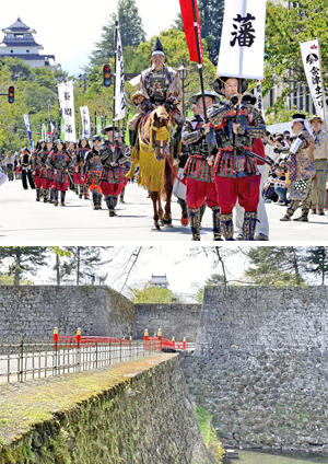 会津若松市の歴史的風致を形成するものに挙げられた会津まつりの会津藩公行列（写真上）、鶴ケ城（写真下）（ともに市提供）