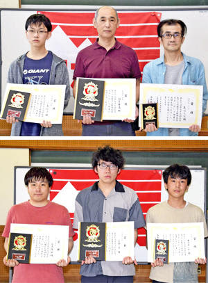 無差別戦で優勝した辺見さん（中央）、準優勝の小島さん（左）、3位の渡辺さん（写真上）新規戦で優勝した高野さん（中央）、準優勝の高木さん（左）、3位の藤田さん（写真下）