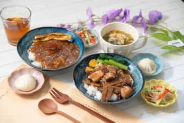 「大豆ミートの麻婆茄子」（左）と「三田ポークのルーロー飯」の調理イメージ