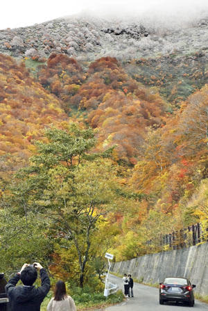 箕輪山の山腹を彩る紅葉と雪＝22日午前10時15分、福島市