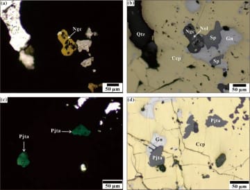 中国の科学者が2種の新鉱物を発見した。写真は「褐磷釩鉄鉛石」と「緑磷鉄鉛石」の顕微鏡画像。