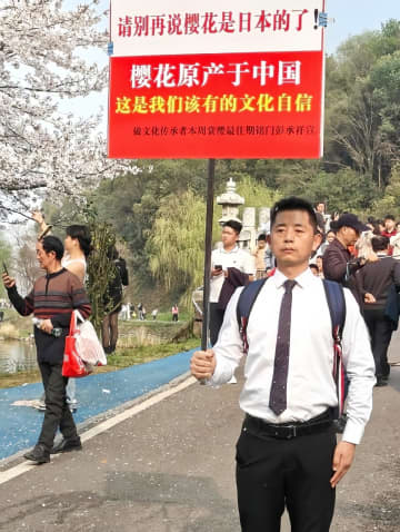 ウェイボーに25日、「桜は日本のものともう言わないで。中国原産。これは私たちが持つべき文化的な自信だ」などと書かれたプレートを手にした男性が公園に現れたとする動画付きの投稿があり、注目されている。