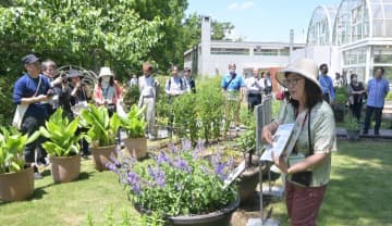 西川綾子園長(右)から説明を受ける植物園関係者=水戸市小吹町