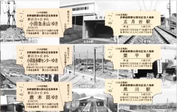 小田急多摩線開業50周年記念乗車券・入場券の一部（小田急電鉄提供）