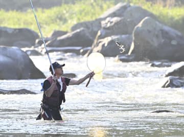 アユ釣りが解禁され、早朝から楽しむ釣り人=1日午前5時56分、大子町下野宮の久慈川