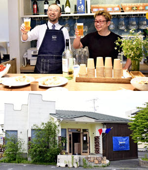 （写真上）浪江町にビストロ「ジョワイストロナミエ」を開店させる無藤シェフ（右）と中西オーナー、（写真下）「ジョワイストロナミエ」の店舗外観