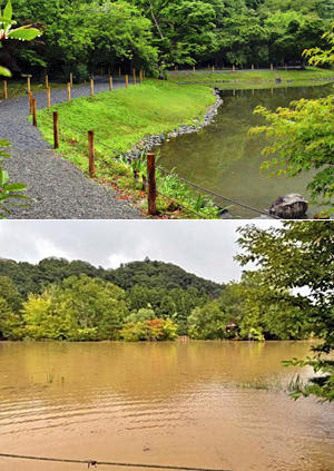 （写真上）復旧が進み、7月2日の再開が決まった浄土式庭園＝28日午後、（写真下）被災した当時の浄土式庭園（いわき市提供）