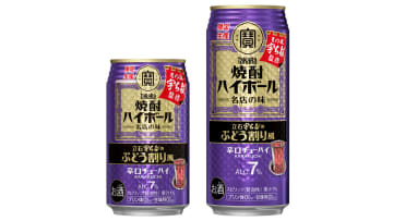 ↑左から、タカラ「焼酎ハイボール」＜立石宇ち多゛のぶどう割り風＞350ml、500ml