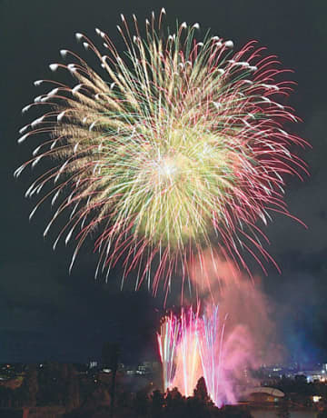 郡山市制施行100年を記念して商都の夜空を彩った祝賀花火＝16日午後、郡山市