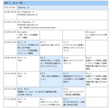 「第24回 迷惑メール対策カンファレンス」「JPAAWG 7th General Meeting」1日目のスケジュール（10月2日現在のもの。◎印の付いているセッションはオンライン視聴可能）