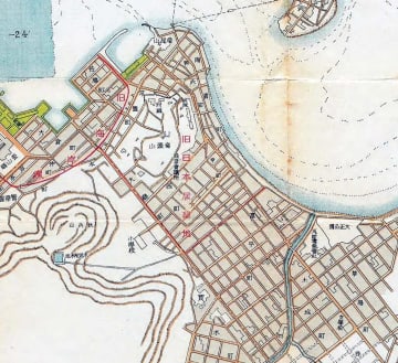 1925年頃の釜山中心部の地図。現在と比べると区画がほぼ同じであることがわかる 出典 朝鮮総督府「朝鮮の港湾」 [Public domain], via Wikimedia Commons