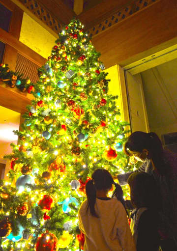 点灯したクリスマスツリーを見て楽しむ来場者＝3日、名護市喜瀬のザ・リッツ・カールトン沖縄