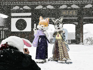 降雪の情緒を味わいながらコスプレを楽しむ参加者